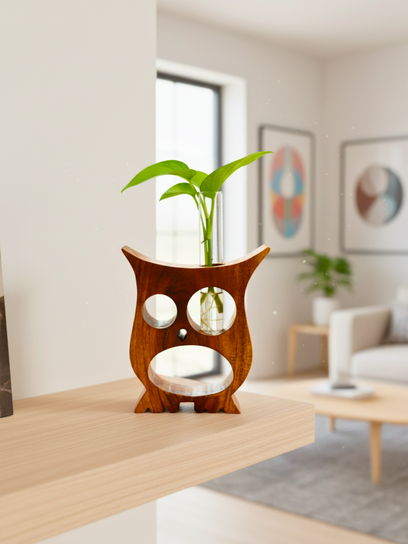 Owl Shape Planter - Premium Rosewood & Borosilicate Glass Tube