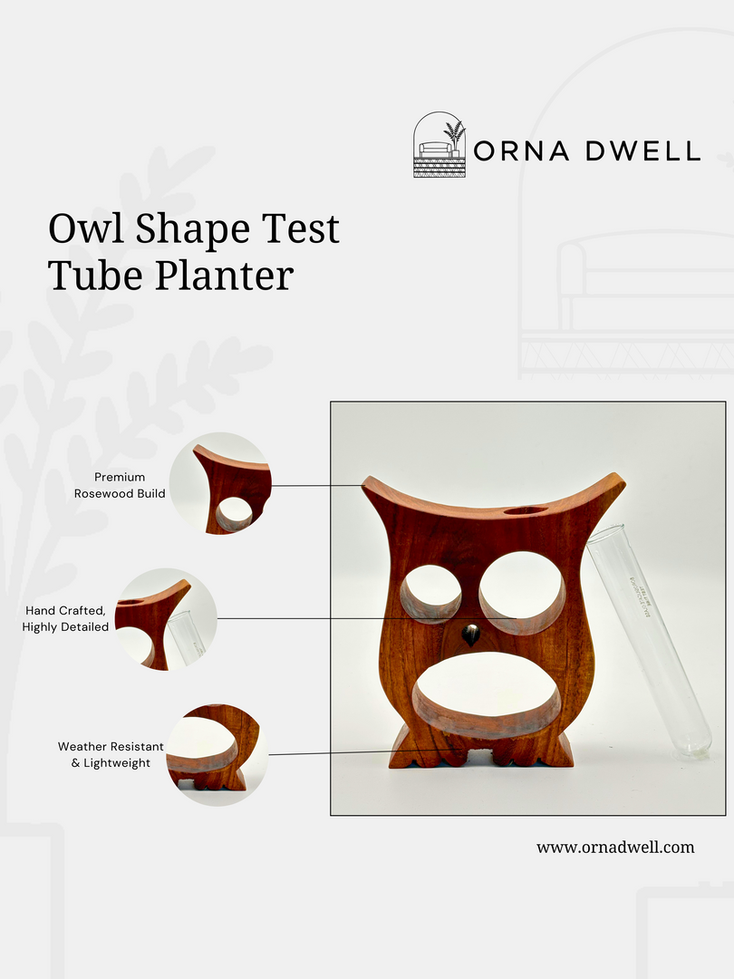 Owl Shape Planter - Premium Rosewood & Borosilicate Glass Tube